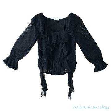 〈earth music〉蕾絲下擺荷葉邊飄帶上衣