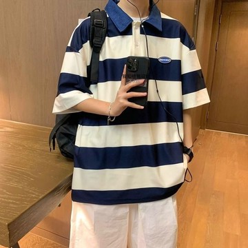 日系CityBoy條紋短袖t恤男夏季新款寬鬆復古撞色學院風Polo領半袖