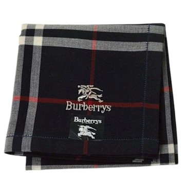 BURBERRY 經典正方格紋戰馬LOGO刺繡圖騰棉質帕領巾(深藍色系/48CM)