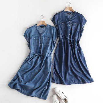 韓版21夏季新款時尚氣質減齡收腰V領天絲牛仔薄款中長款連衣裙女