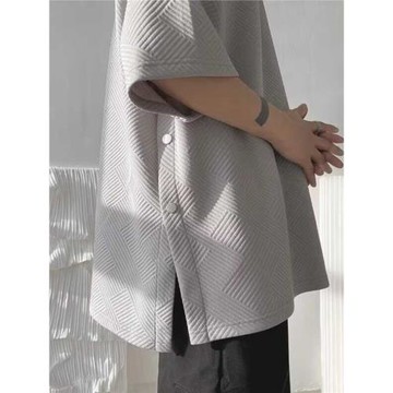 重磅華夫格t恤男短袖夏季設計感小眾開叉排扣寬松大碼半袖上衣潮