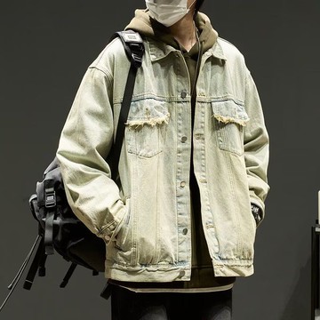 秋季美式寬鬆休閒潮牌上衣男復古高級感牛仔外套男