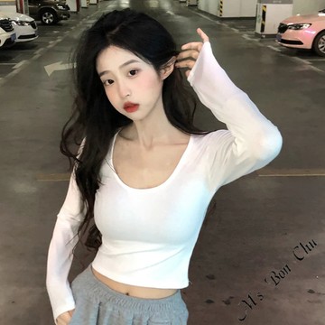 大寬領罩杯素色長袖T【9960】秋冬新款韓系INS性感貼身圓領上衣 合身T 短版上衣 長袖上衣 女生上衣BonChu