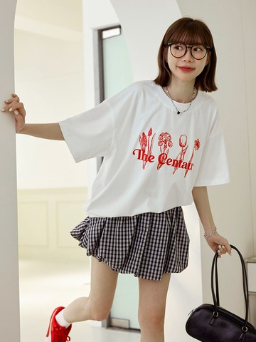 純棉單色花朵印花寬鬆短袖上衣