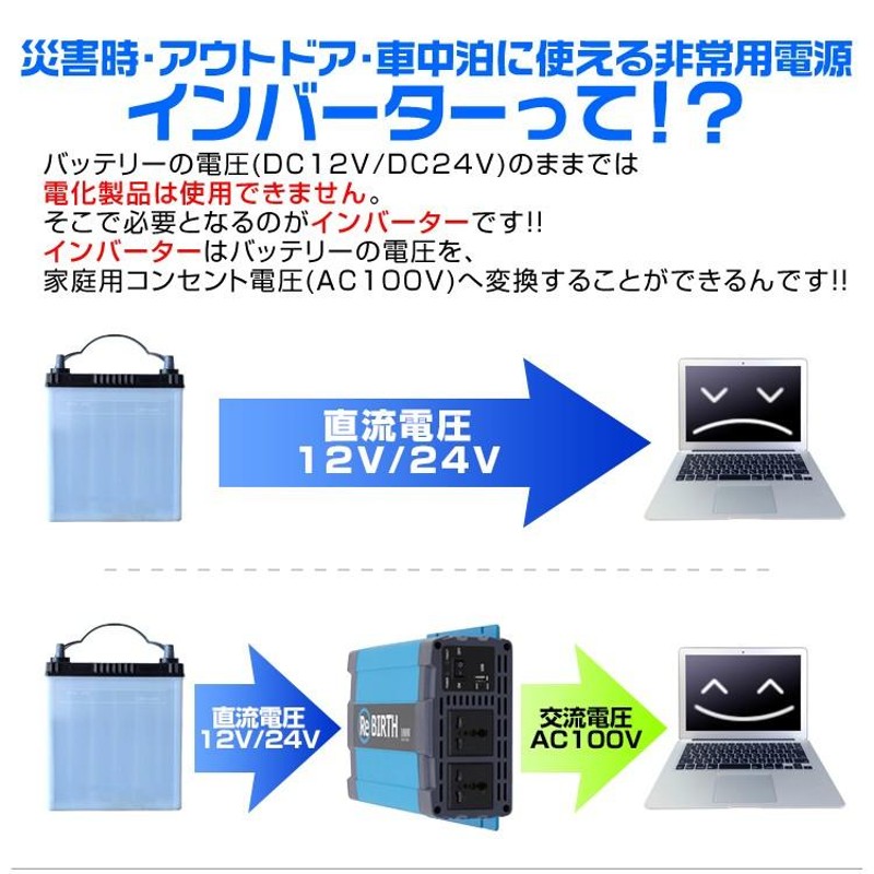 インバーター 車 正弦波 12V 100V カーインバーター 車中泊 定格1500W