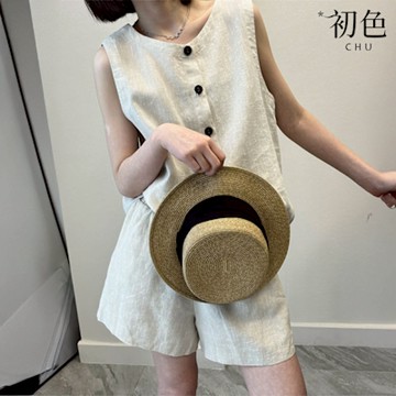 初色 素色圓領無袖單排釦背心上衣女上衣+鬆緊腰休閒褲寬褲短褲套裝-共2色-36437(M-2XL可選)