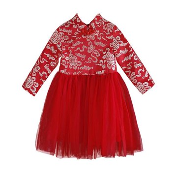 晨舞女童秋冬長袖網沙旗袍兒童寶寶公主裙寶寶生日表演過新年母女