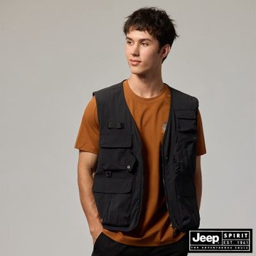 JEEP 男裝 多功能口袋工裝背心-黑色