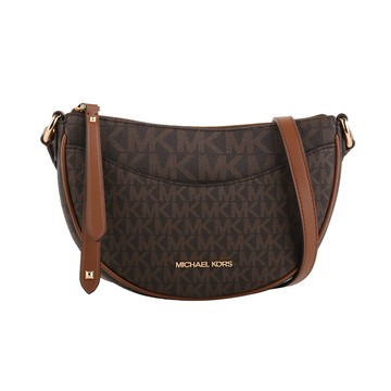 MICHAEL KORS-金字滿版防刮LOGO半月型斜背包(深咖)S款