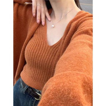 橘色復古別致針織上衣兩件套女秋季新款韓系氣質針織開衫內搭背心