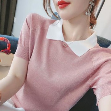 2025年新款夏季寬松純色薄款冰絲針織衫撞色娃娃領減齡短袖上衣女