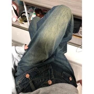 復古藍闊腿牛仔褲女2025秋季新款大碼高腰顯瘦小個子寬松直筒褲子