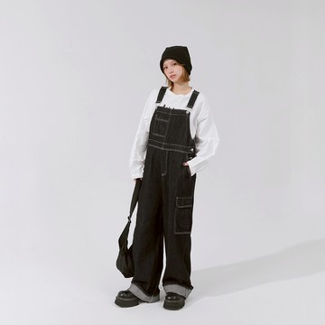 QUEENSHOP_F 女裝 配色車線設計牛仔吊帶長褲S/M/L 現+預 【04050845】