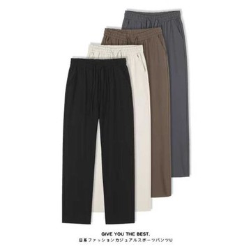 純色窄版松緊腰抽繩休閑西褲男裝直筒春夏季高級涼感抗皺薄款長褲