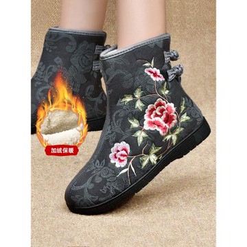 花棉鞋女冬加絨老北京媽媽鞋繡花棉靴子短筒中國風刺繡防滑老人鞋