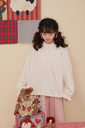 復古少女 紅色碎花針織提花打底衫