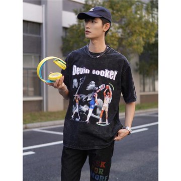 籃球水洗做舊德文·布克Devin Booker短袖寬松純棉T恤復古嘻哈