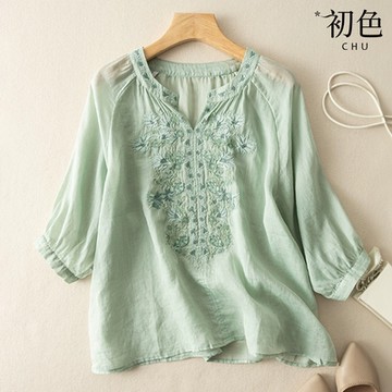 初色 復古文藝刺繡純色百搭寬鬆透氣半開領五分袖襯衫上衣女上衣-共4色-36567(M-3XL可選)