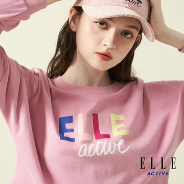 ELLE ACTIVE-短版落肩撞色LOGO印花長袖T恤-粉紅