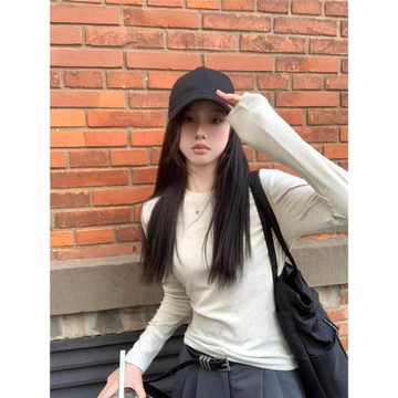 冷淡極簡純色長袖上衣女春秋修身顯瘦內搭T恤獨特別致正肩打底衫