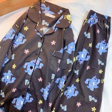 大眼仔藍毛怪情侶睡衣女2022年新款純棉春秋季長袖高級感男士套裝