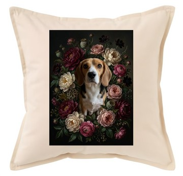 比格犬（米格魯）抱枕 45cm 花卉油畫風格彩色藝術