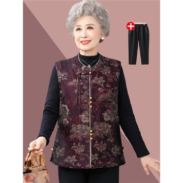 中老年人媽媽款女裝加絨加厚馬甲秋冬季奶奶老太太新中式國風馬夾