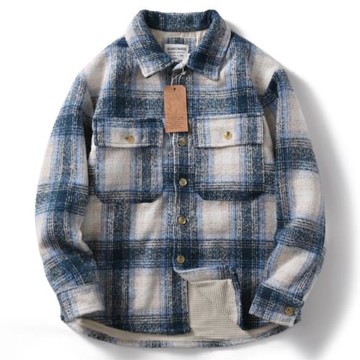 美式休閑復古外貿男裝工廠尾單格子毛呢加絨加厚保暖翻領襯衫外套