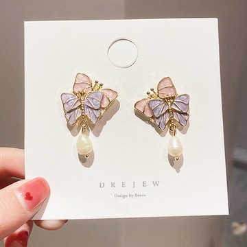 925銀針韓國東大門超仙耳環珍珠蝴蝶甜美耳墜個性設計感潮耳飾女