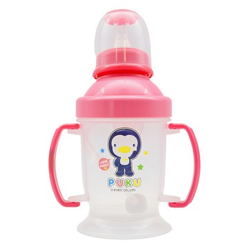 PUKU 藍色企鵝 奶嘴訓練吸管練習杯 180ml 5個月以上寶寶適用 無毒材質 摺疊式握把設計  粉色  1個