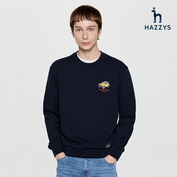 【HAZZYS】男款深藍色柔軟舒適精緻設計耐穿時尚風格長袖圓領恤 YZWED701