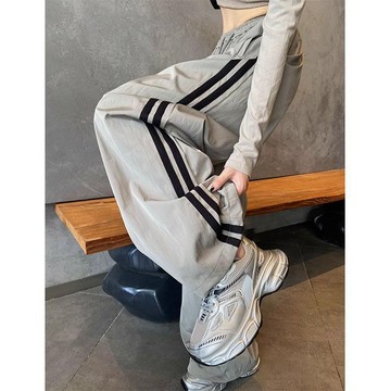 工裝褲 長褲 拖地褲 寬鬆褲 直筒褲 高腰褲 美式拼接工裝褲女夏季新款爆款休閒側邊條闊腿褲潮牌寬鬆運動褲
