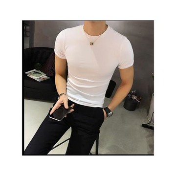 夏季圓領短袖男t恤韓版修身半袖男士彈力體恤純色純棉衣服打底衫