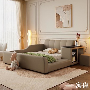 免運奶油風現代簡約真皮大床主臥雙人床小戶型多功能帶護欄軟包實木床 實木雙人床 雙人床 床架 單人床 帶抽屜 框架床