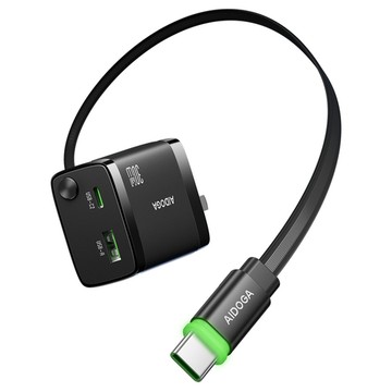 AIDOGA艾迪伽｜LQ CH4141智連系列雙孔GaN氮化鎵充電器30W快充自帶Type-C伸縮線