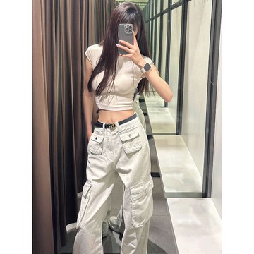 美式高街白色工裝褲女復古高腰寬鬆顯瘦闊腿牛仔褲