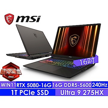 MSI微星 Vector 16 HX AI A2XWIG-014TW 240Hz 16吋電競筆電(Ultra 9 275HX/16G/1T SSD/RTX5080-16G/Win11)