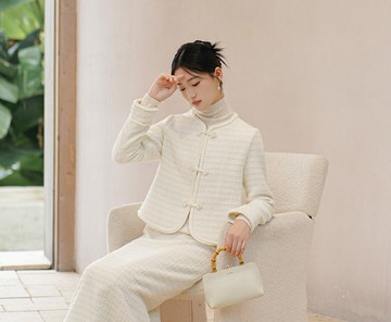 新中式 秋冬盤扣羊毛肌理感珍珠小香風短外套/半裙