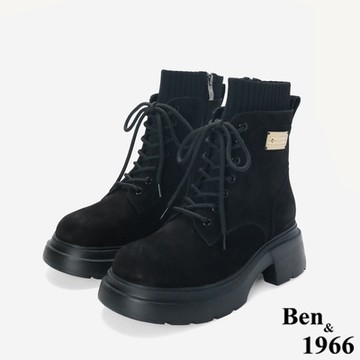 Ben&1966高級羊磨砂皮造型金釦個性綁帶短靴-黑(247111)