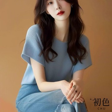 初色 清涼感簡約圓領直條紋短袖針織衫上衣女上衣-藍色-34706(F可選)