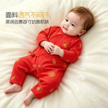 ⭐桃園出貨🔥嬰兒連身衣紅色春秋純棉四季喜慶衣服滿月寶寶新生兒百天無骨長袖