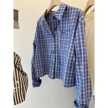 深圳南油高端大牌女裝！韓系小字母藍色格子襯衫女長袖短款襯衣服