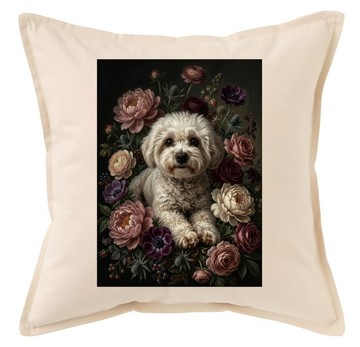 比熊犬（Bichon Frise）抱枕 45cm 花卉油畫風格彩色藝術