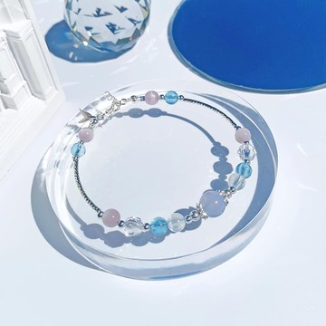 藍紋瑪瑙月光石海藍寶紫鋰輝白水晶 | 小美人魚 S925純銀手鍊