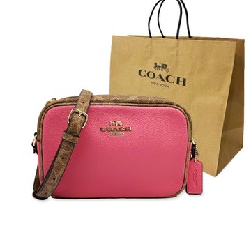 COACH 經典C LOGO斜背包/相機包附紙袋(焦糖/粉)