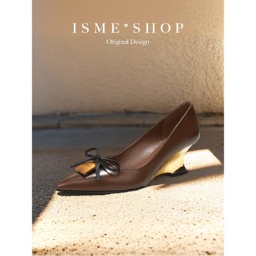 歐洲站羊皮蝴蝶結高級感單鞋尖頭氣質高跟鞋坡跟溫柔女法式少女上