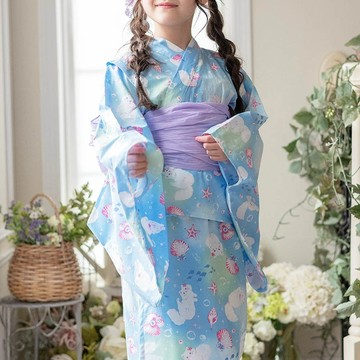 日本 Catherine Cottage - 夢幻2way純棉兵兒帶浴衣(可當洋裝)-波斯貓-水藍