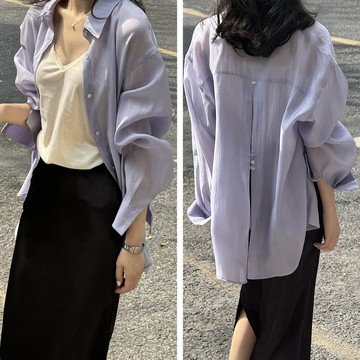 YANSOO - 透膚感薄長袖襯衫-後開衩貝殼釦-霧紫色
