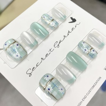 【高級感美甲】綠色格紋雛菊花貓眼鎏金穿戴甲法式冰透小清新顯白美甲貼片中國風 美甲 美甲貼片 指甲貼片 指甲 穿戴甲