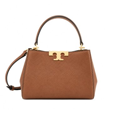 TORY BURCH ELEANOR SOFT 荔枝紋皮革金字LOGO手提/斜背兩用包(迷你/經典棕)